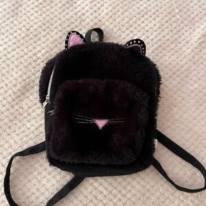 Claire's Fuzzy Black and Pink Cat Backpack